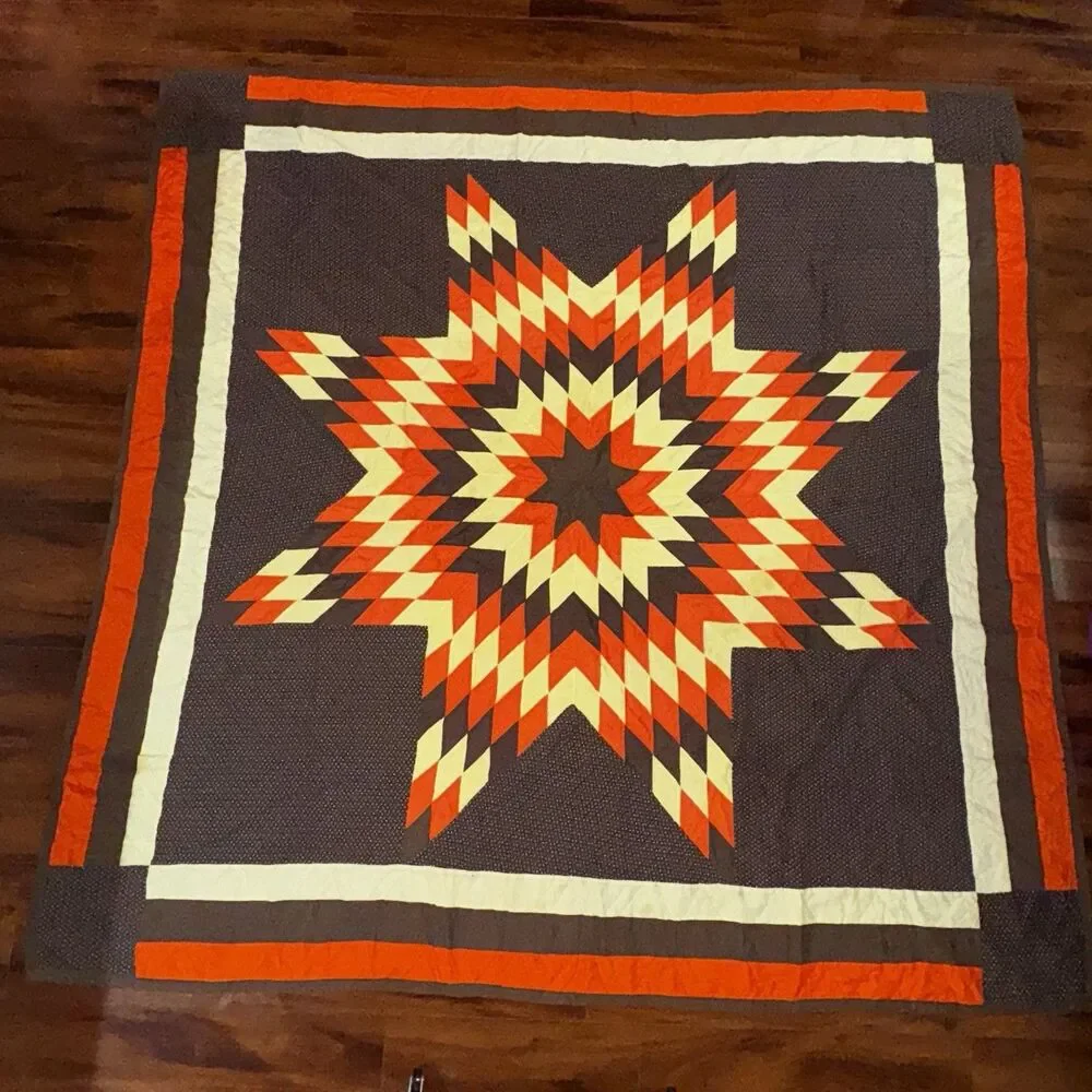 Vintage Handmade Lone Star Quilt Brown Orange Hand Quilted Bedspread Queen Large